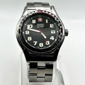 Vintage 90's Wenger Round Black Silver Diver 100M Men’s Watch Working